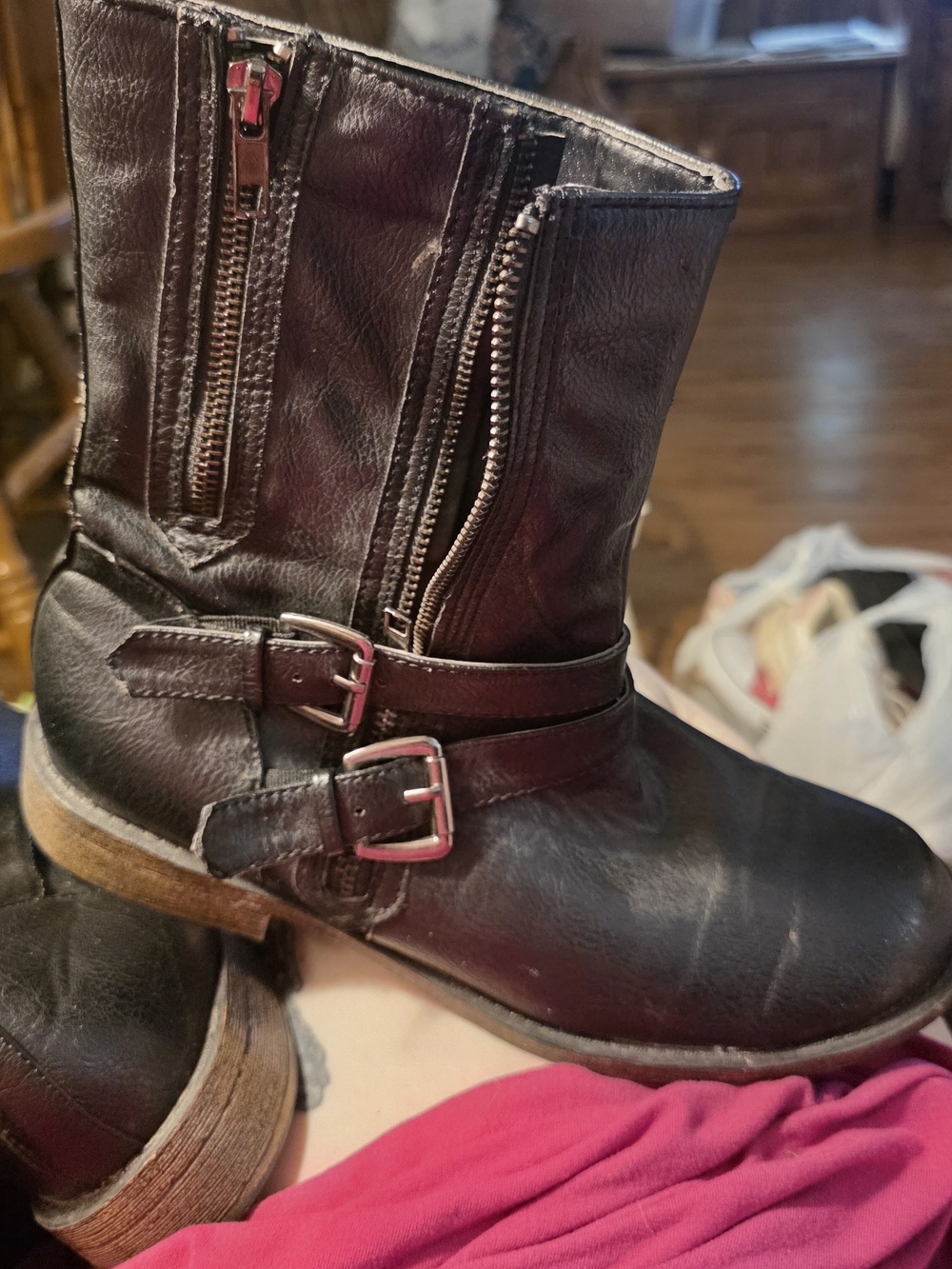 Women's Black Moto Ankle Boots Double Buckle Side Zip Size 8